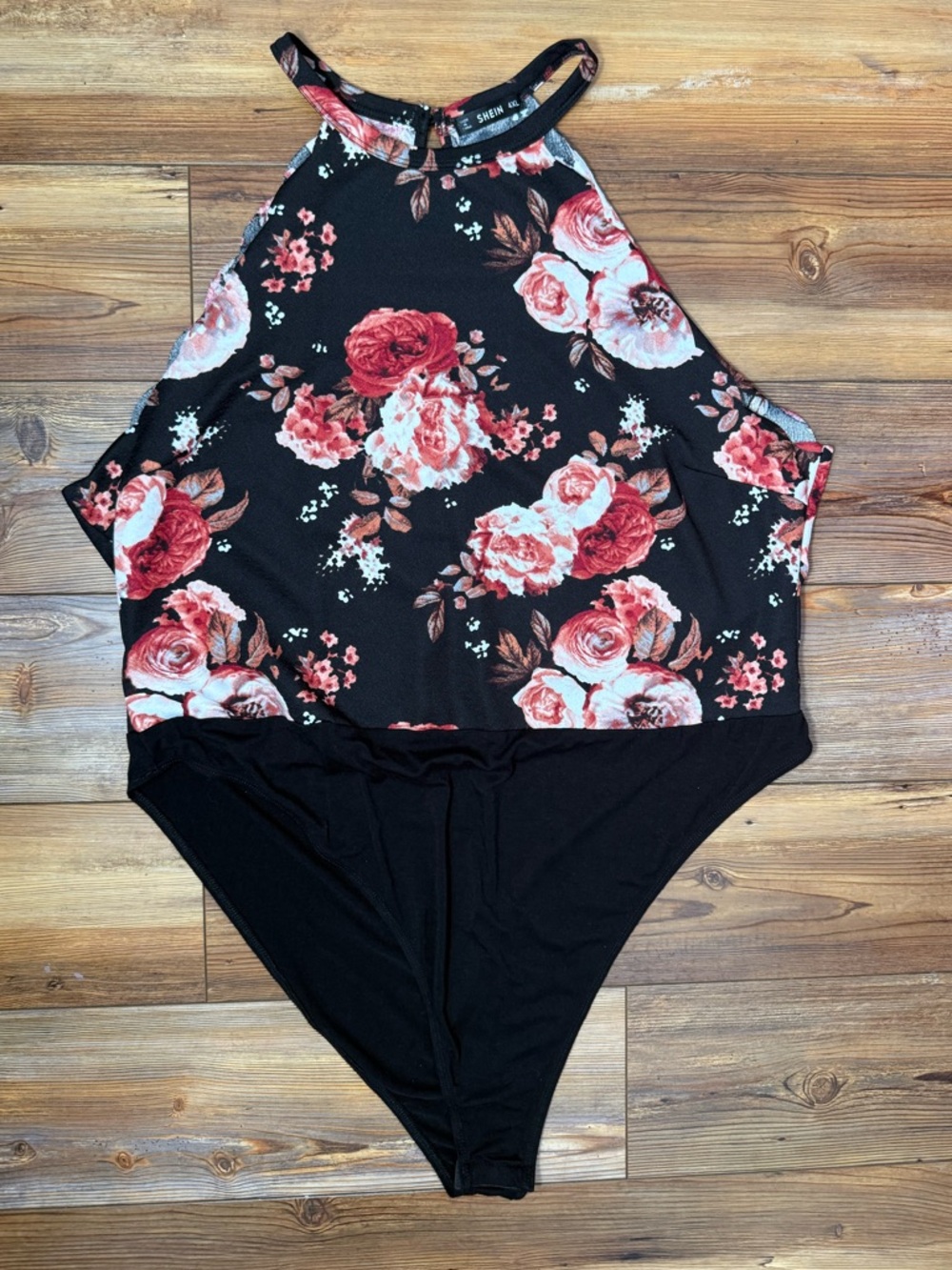 Shein 4XL Floral Bodysuit Black Red Sleeveless High Neck Plus Size